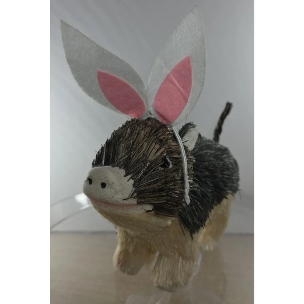 Easter Brown White Wood Bristle Pig with Rabbit Bunny Ears 5 x‎ 7 x 3